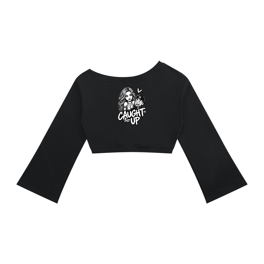 streetwear,womens,off,shoulder,top,caught,up,cropped,long,sleeve,comic,art,love,is,a,trap