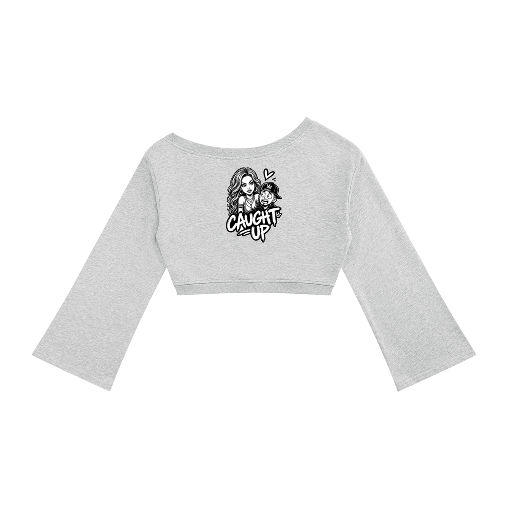 streetwear,womens,off,shoulder,top,caught,up,cropped,long,sleeve,comic,art,love,is,a,trap
